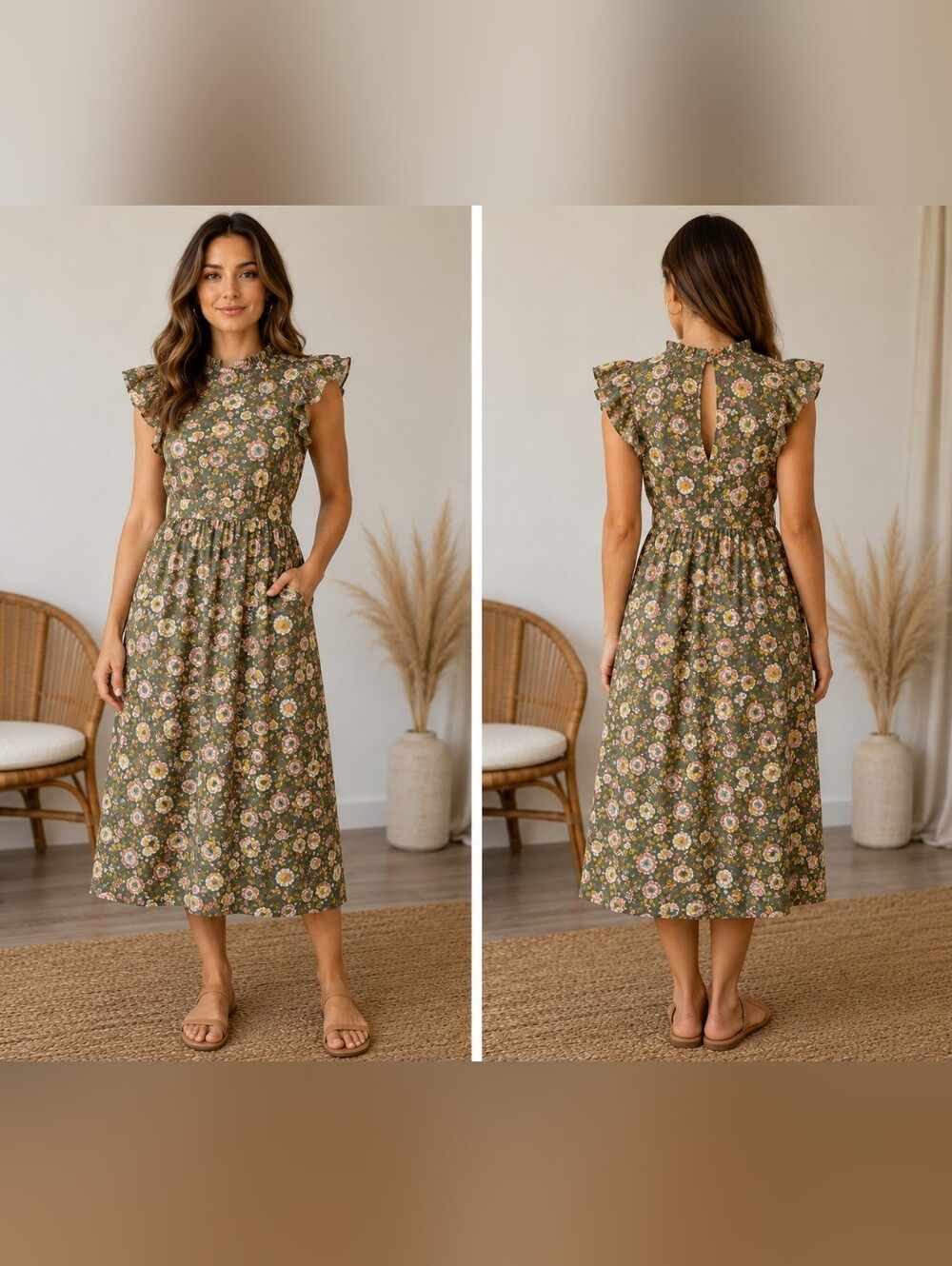Elan Olive Green Floral Midi Dress with Pink and Cream Blooms